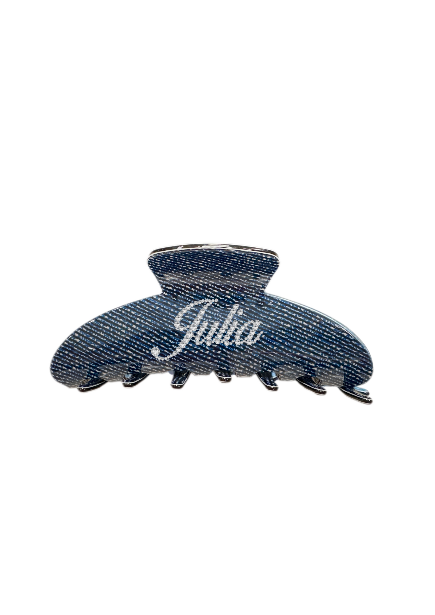 denim printed hair claw clip with personalized name