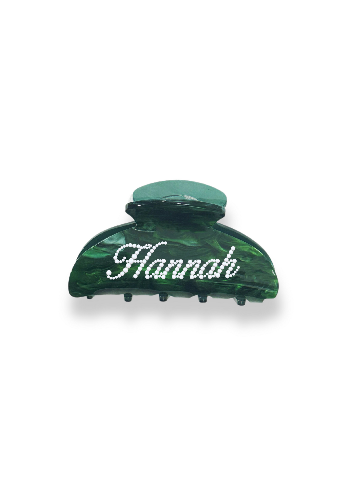 emerald colour hair claw clip with personalized name on it decorated with pearl